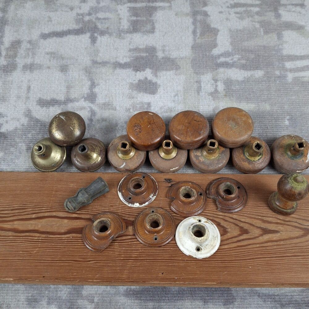 Vintage Antique Wooden Door Knobs Lot Wood Brass Rosettes Backplates Salvage